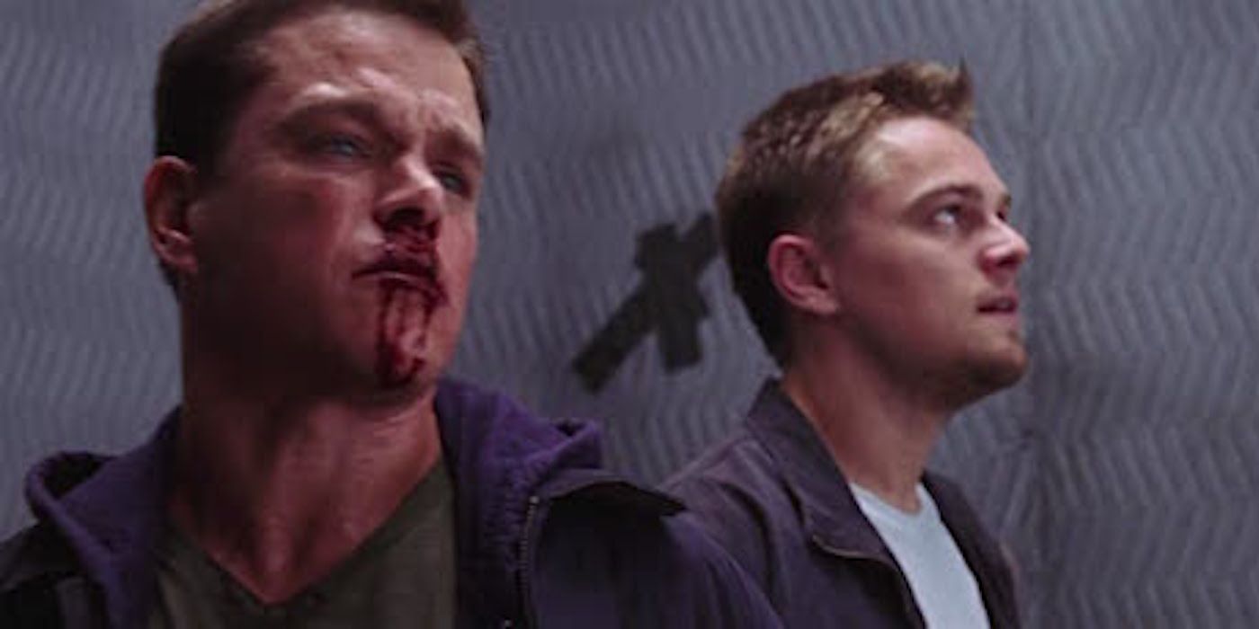 A bloodied Colin and Billy in an elevator in The Departed