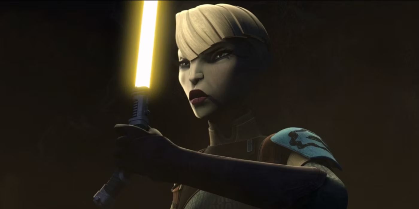 Asajj Ventress (Nika Futterman) with a yellow lightsaber in The Bad Batch