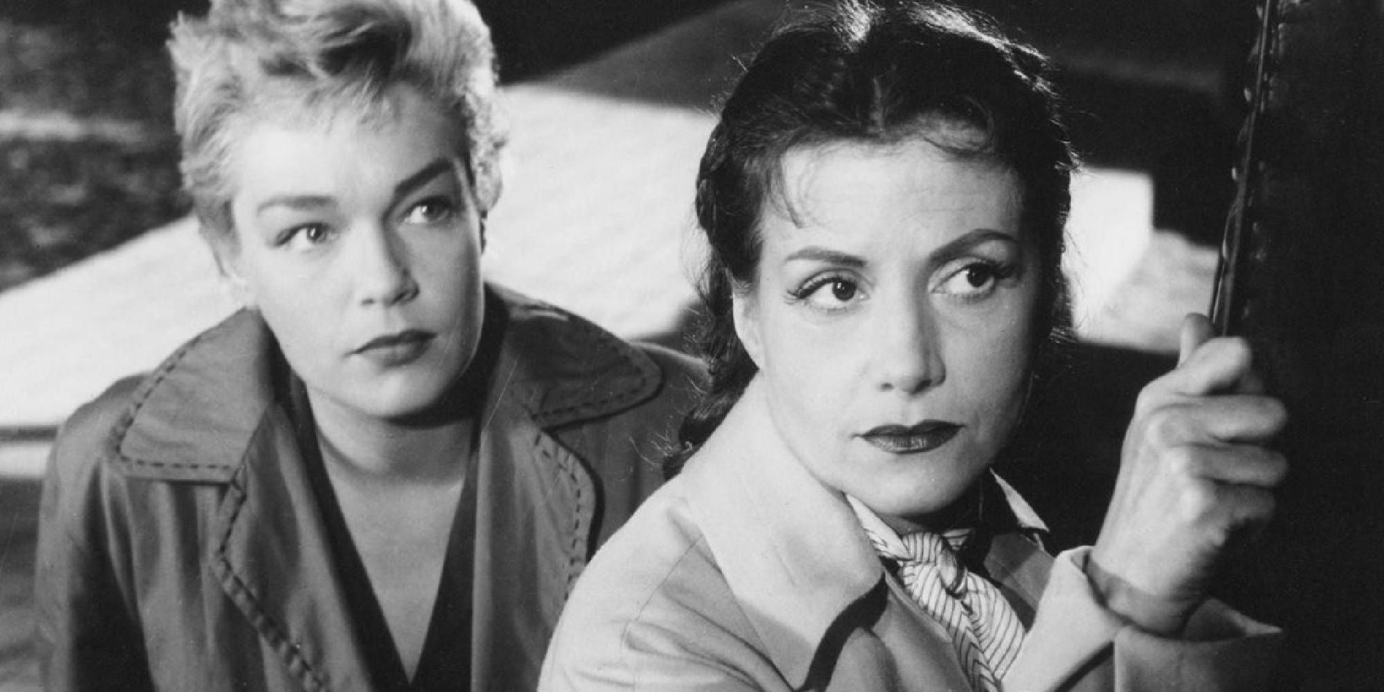 Vera Clouzot and Simone Signoret as Christina and Nicole standing close to each other in Diabolique