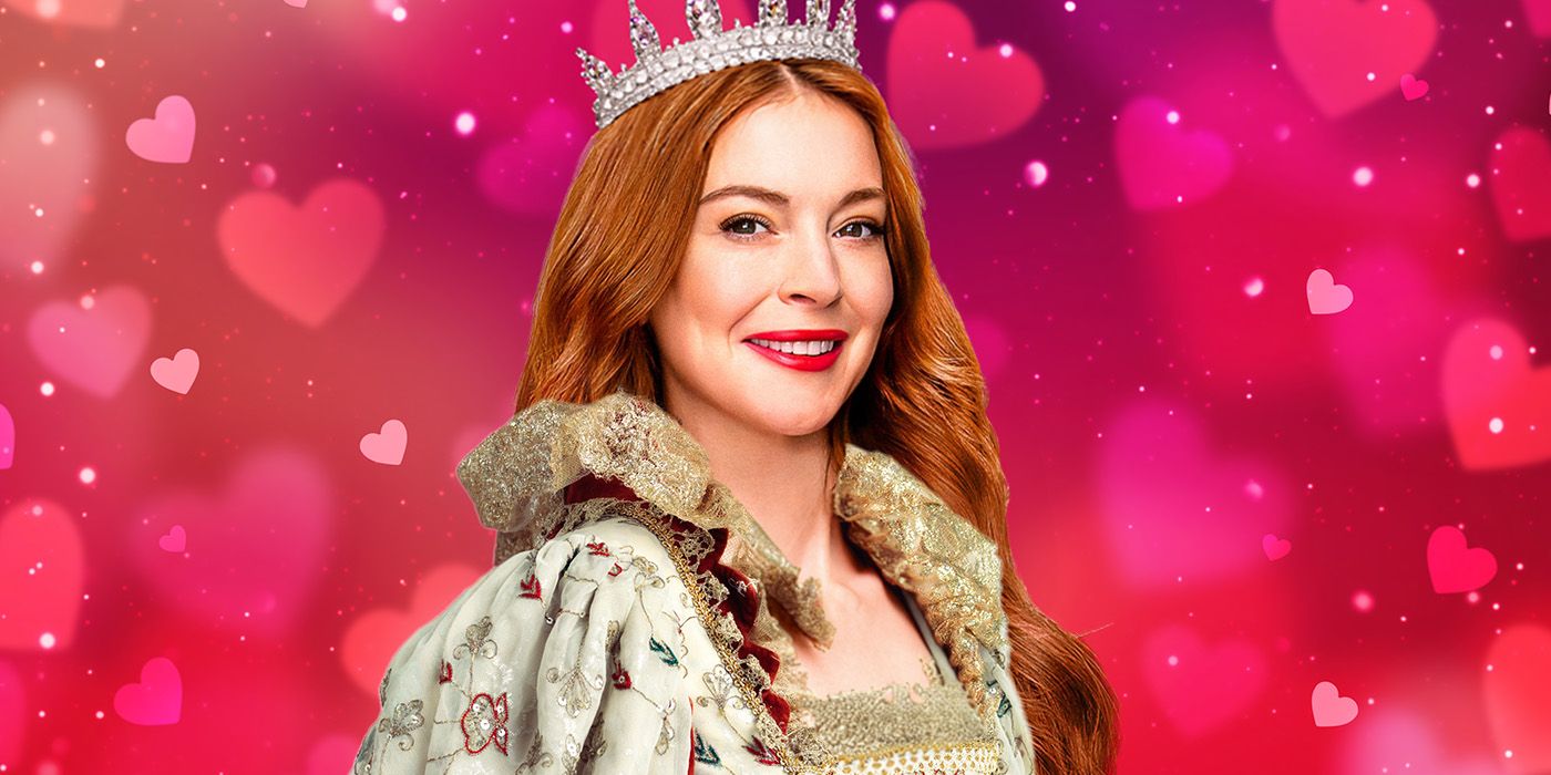 A custom image of Lindsay Lohan with a crown and a Renaissance-style gown against a pink background with hearts