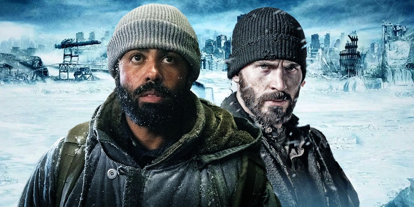 Daveed Diggs from the Snowpiercer TV show & Chris Evans from the movie against an icy terrain as background