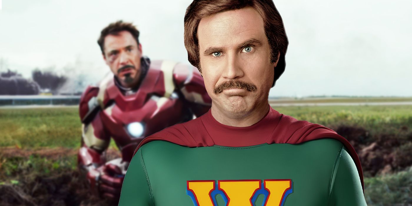 A custom image of Will Ferrell with Robert Downey Jr as Iron Man in the back