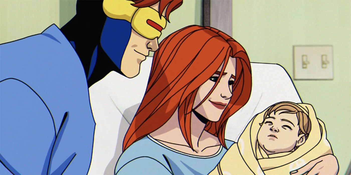 Scott and Jean in a hospital bed with baby Nathan in X-Men '97