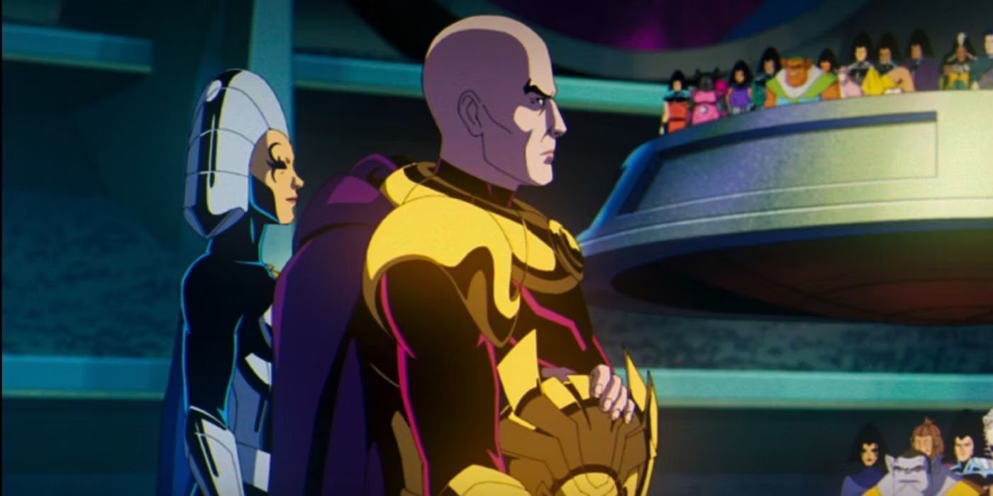 Charles Xavier and Empress Lilandra of the Shi'ar Empire address a senate of Shi'ar