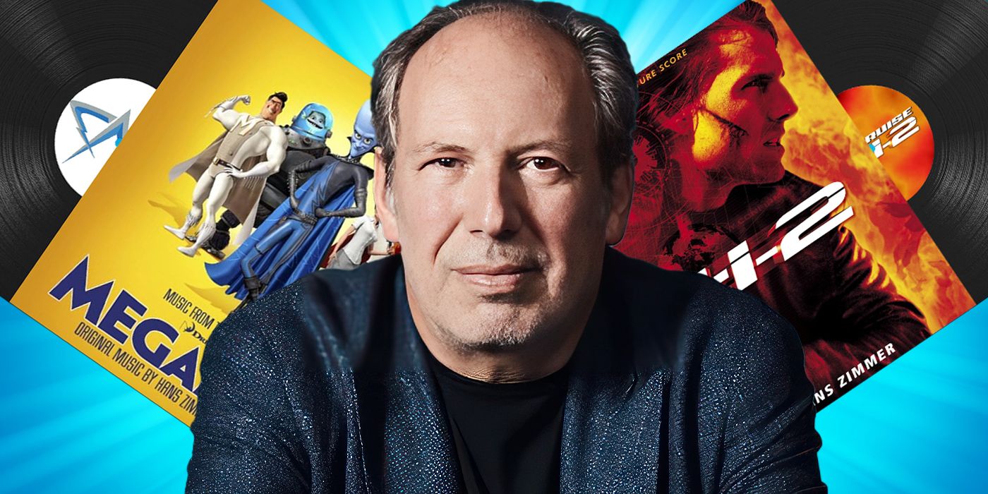 Blended image showing Hans Zimmer with vynils for Megamind and Mission: Impossible 2 in the background