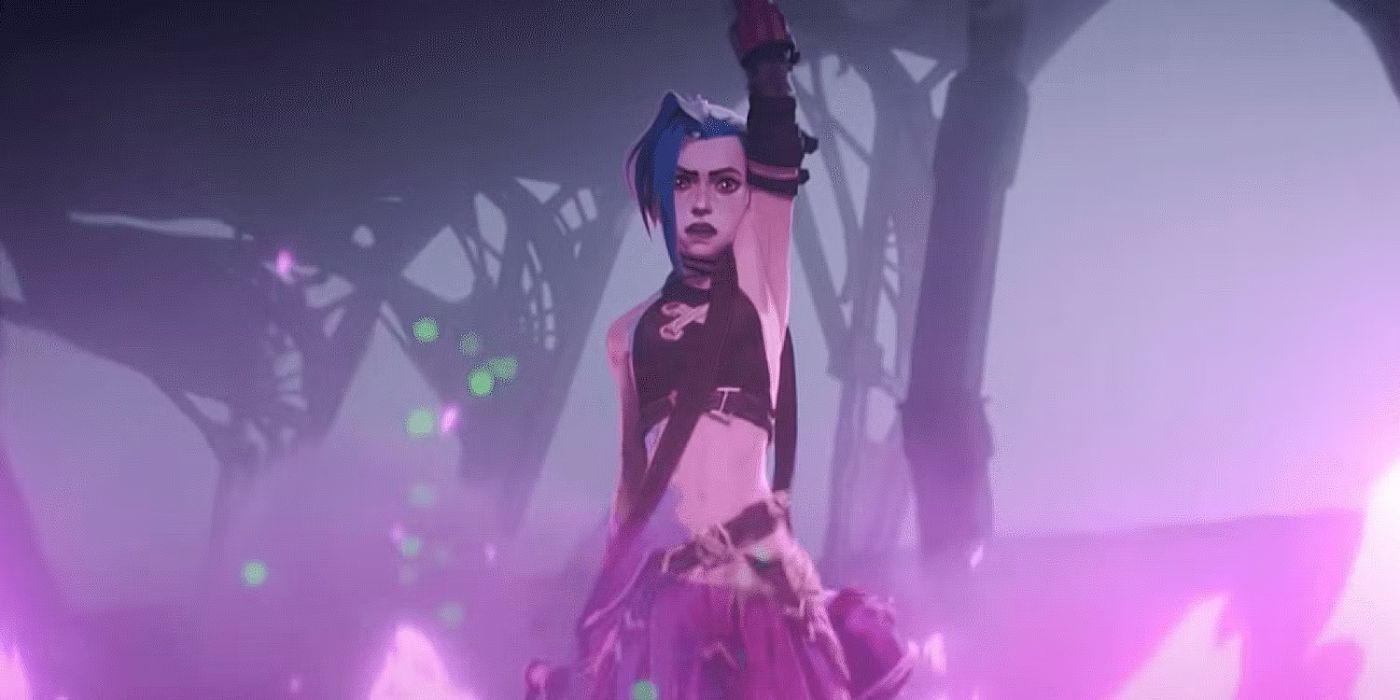 Jinx (Ella Purnell) standing center frame and lighting a flare with her raised right arm in a still from &lsquo;Arcane&rsquo; season 2.