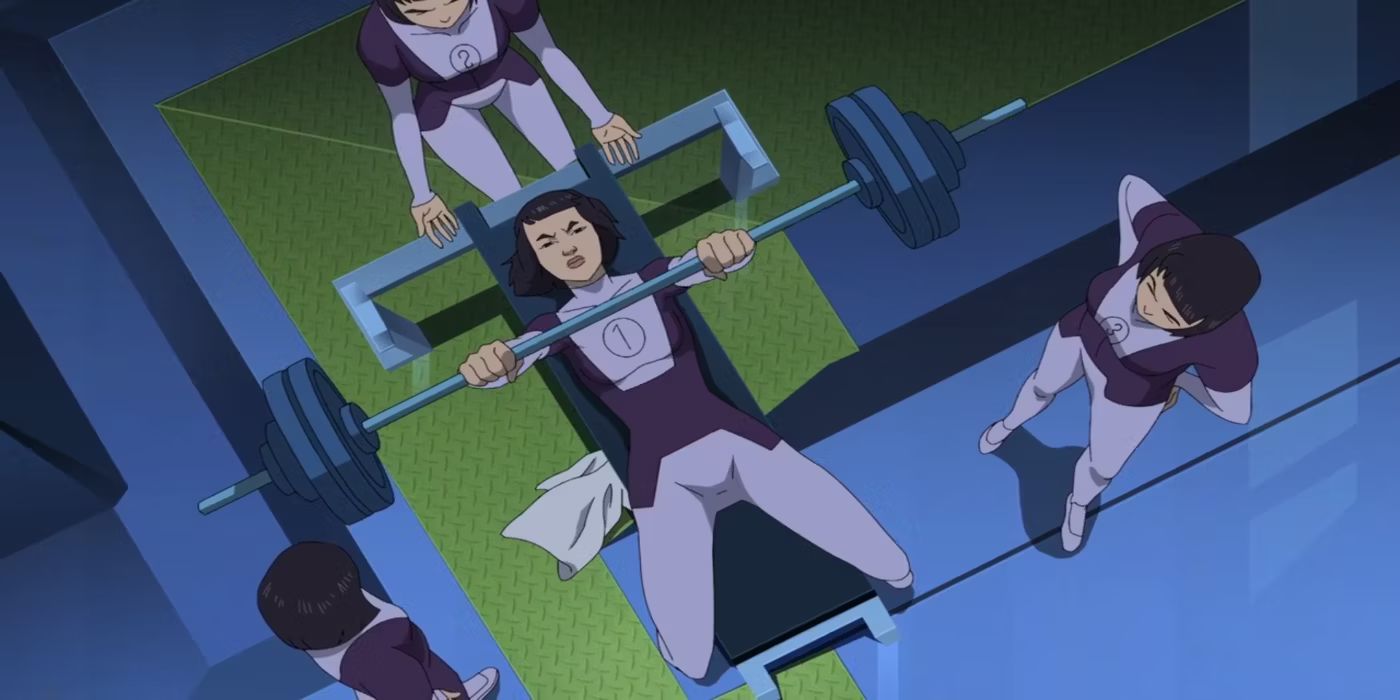 A scene from Invincible of Dupli-Kate working out with a bench press