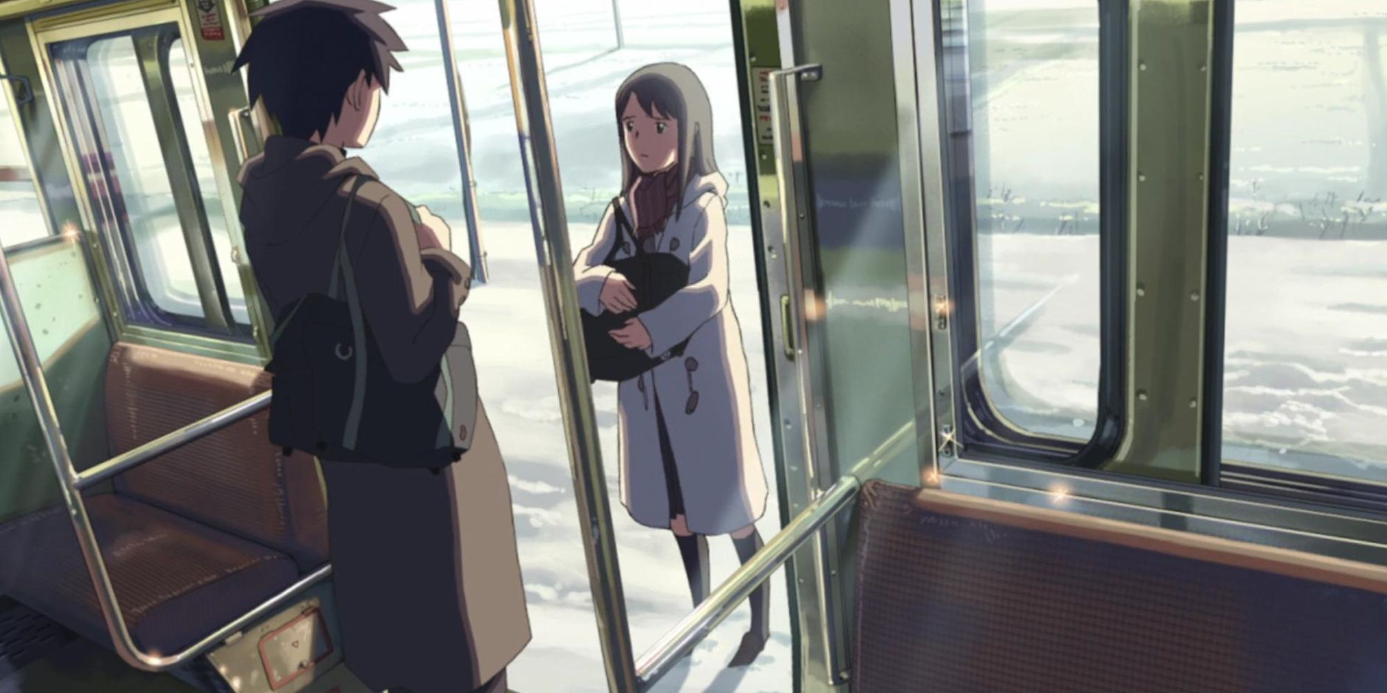 Takaki and Akari say goodbye to one another before the train doors close in '5 Centimeters per Second'