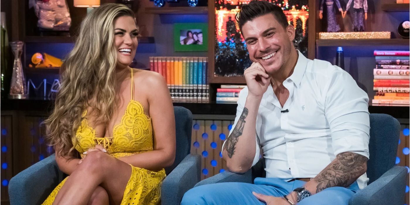 Former Vanderpump Rules stars Brittany Cartwright and Jax Taylor appear on Watch What Happens Live. 