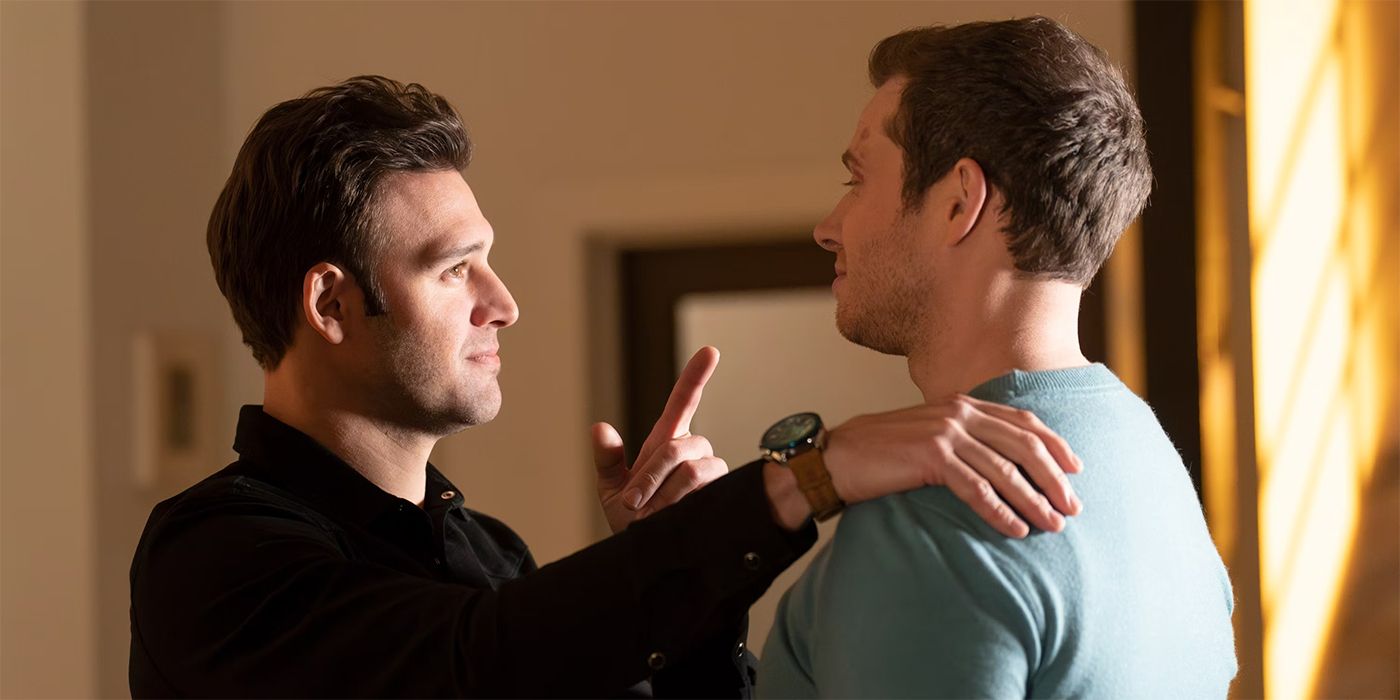 Ryan Guzman as Eddie pointing his finger at Oliver Stark as Buck in 9-1-1 Season 7 