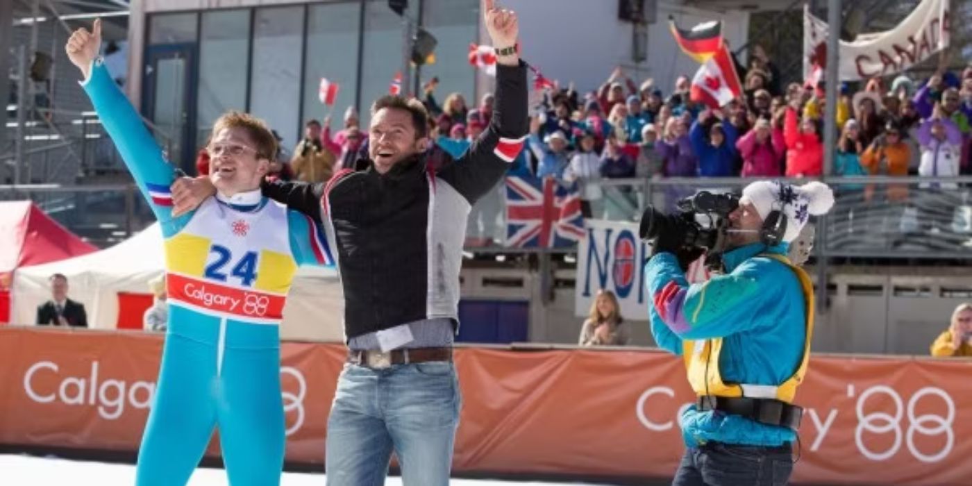 Taron Egerton and Hugh Jackman at the Winter Olympics in 'Eddie the Eagle'