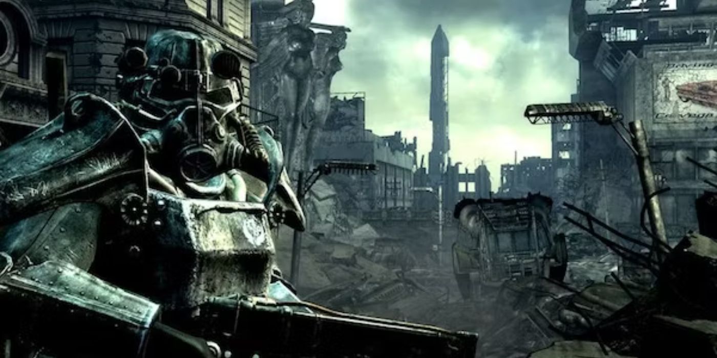 A Brotherhood of Steel soldier wearing power armor in 'Fallout 3'