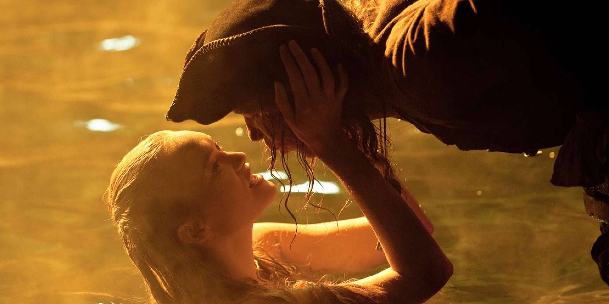 A mermaid and a sailor almost kiss in Pirates of the Caribbean On Stranger Tides.