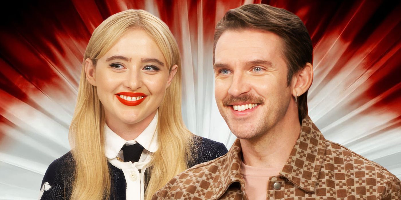 Kathryn Newton and Dan Stevens smiling in an interview for Abigail