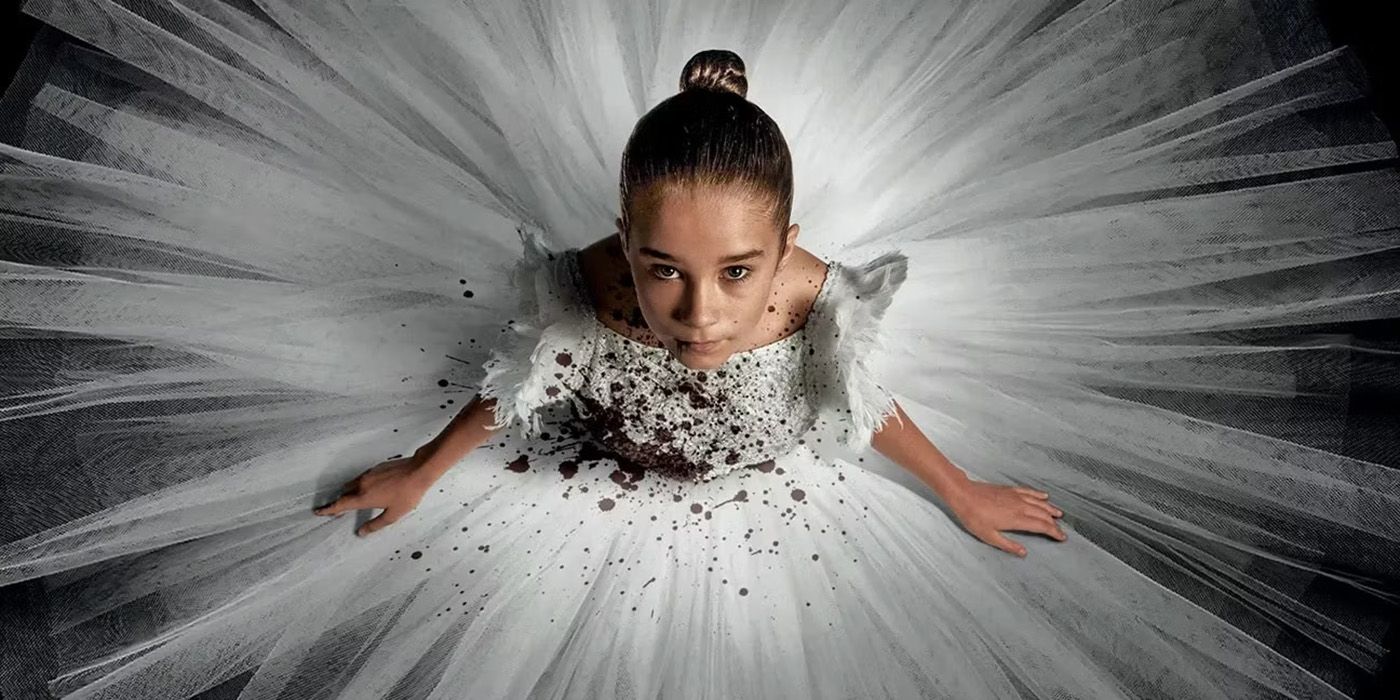 Alisha Weir in a blood splattered tutu on the poster for Abigail 