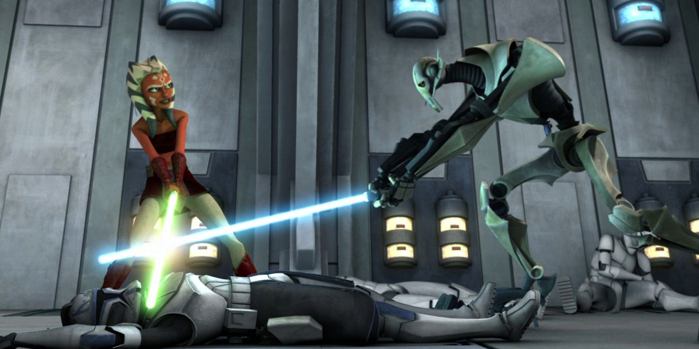 Ahsoka (Ashely Eckstein) fighting General Grievous (Matthew Wood) in Star Wars: The Clone Wars.