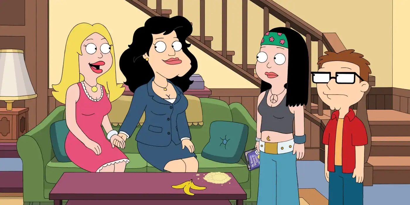 Stan, as a woman, sits with Francine, Hayley, and Steve