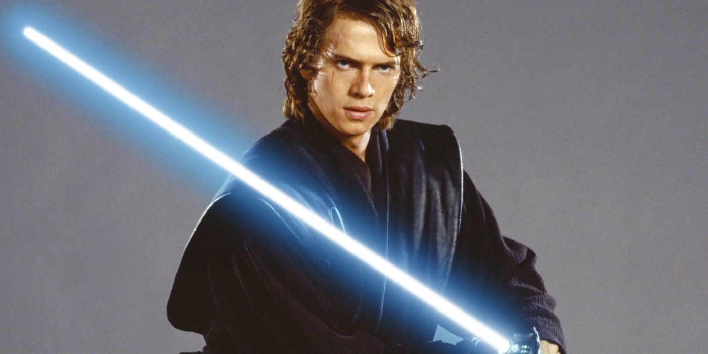 Anakin Skywalker, brandishing his blue-bladed lightsaber in Revenge of the Sith