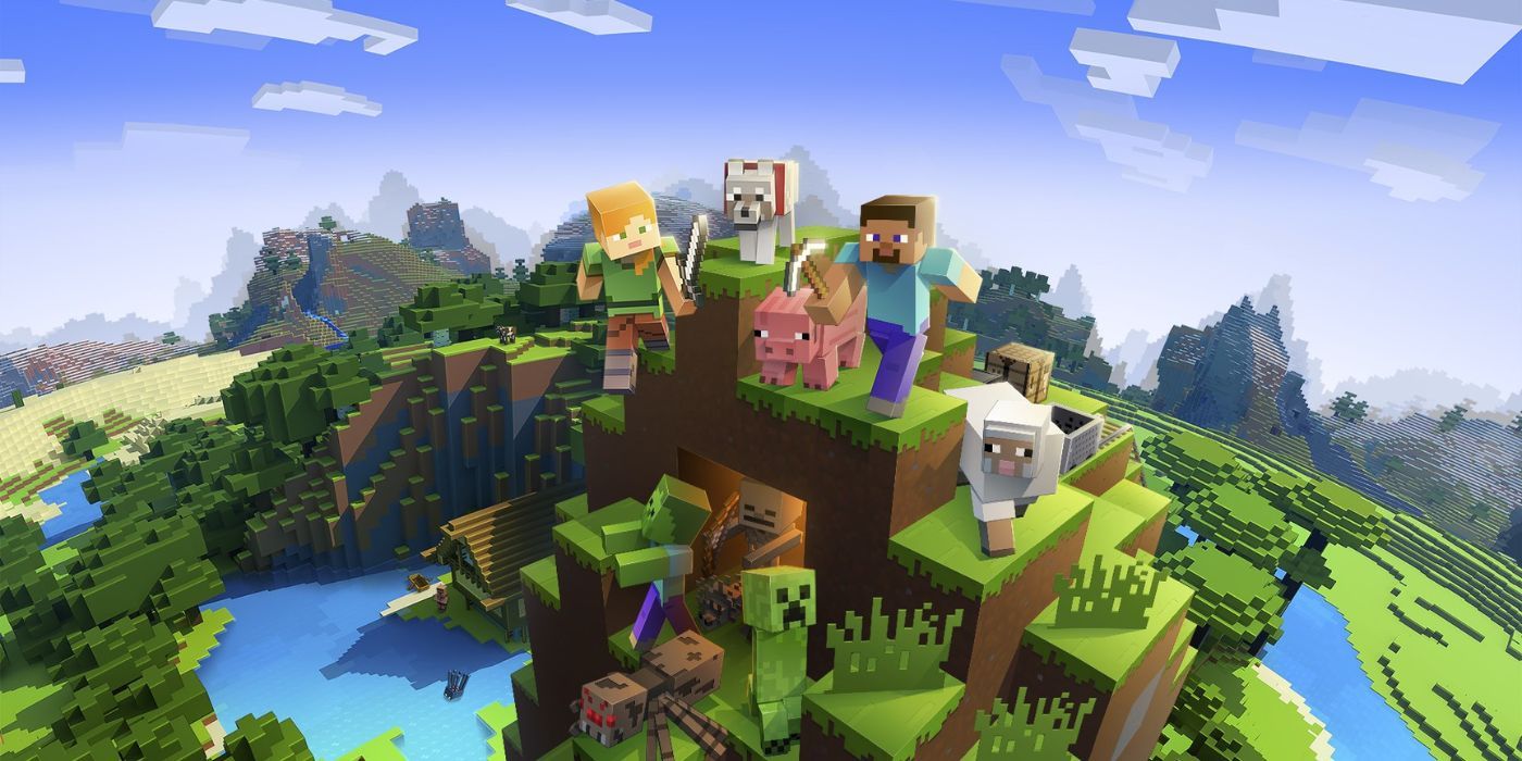 Steve and Alex on top of a cliff surrounded by animals and mobs in promo art for Minecraft.