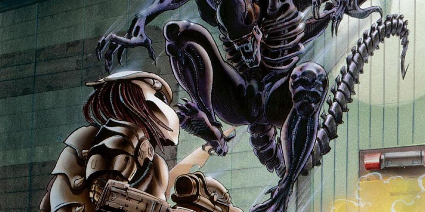 A Xenomorph jumps a Predator on the cover of an 'AVP: Aliens vs. Predator' comic book.