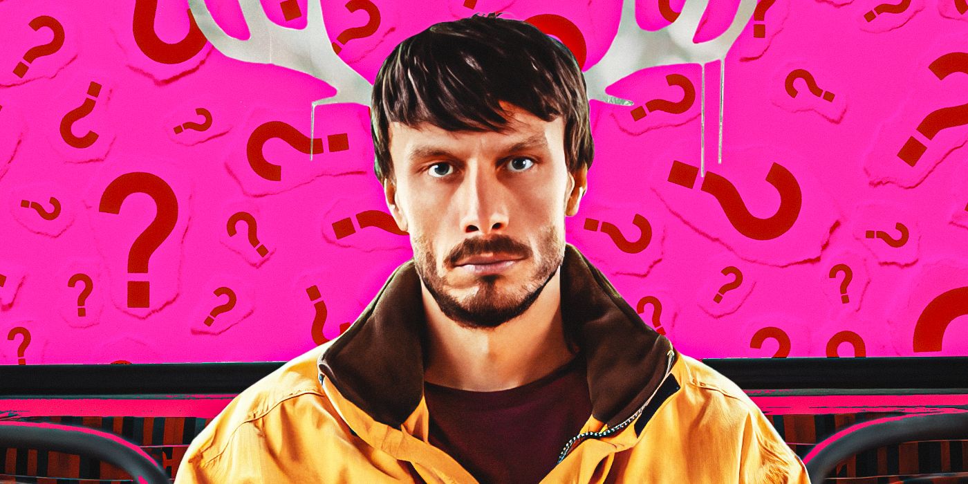 Richard Gadd with antlers drawn over his head in front of a custom image pink background with question marks for Baby Reindeer