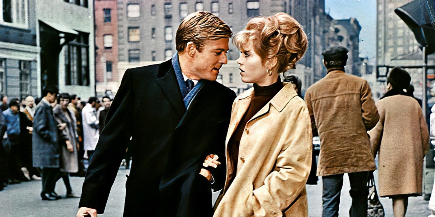 Robert Redford as Paul and Jane Fonda as Corie walking down the street in Barefoot in the Park