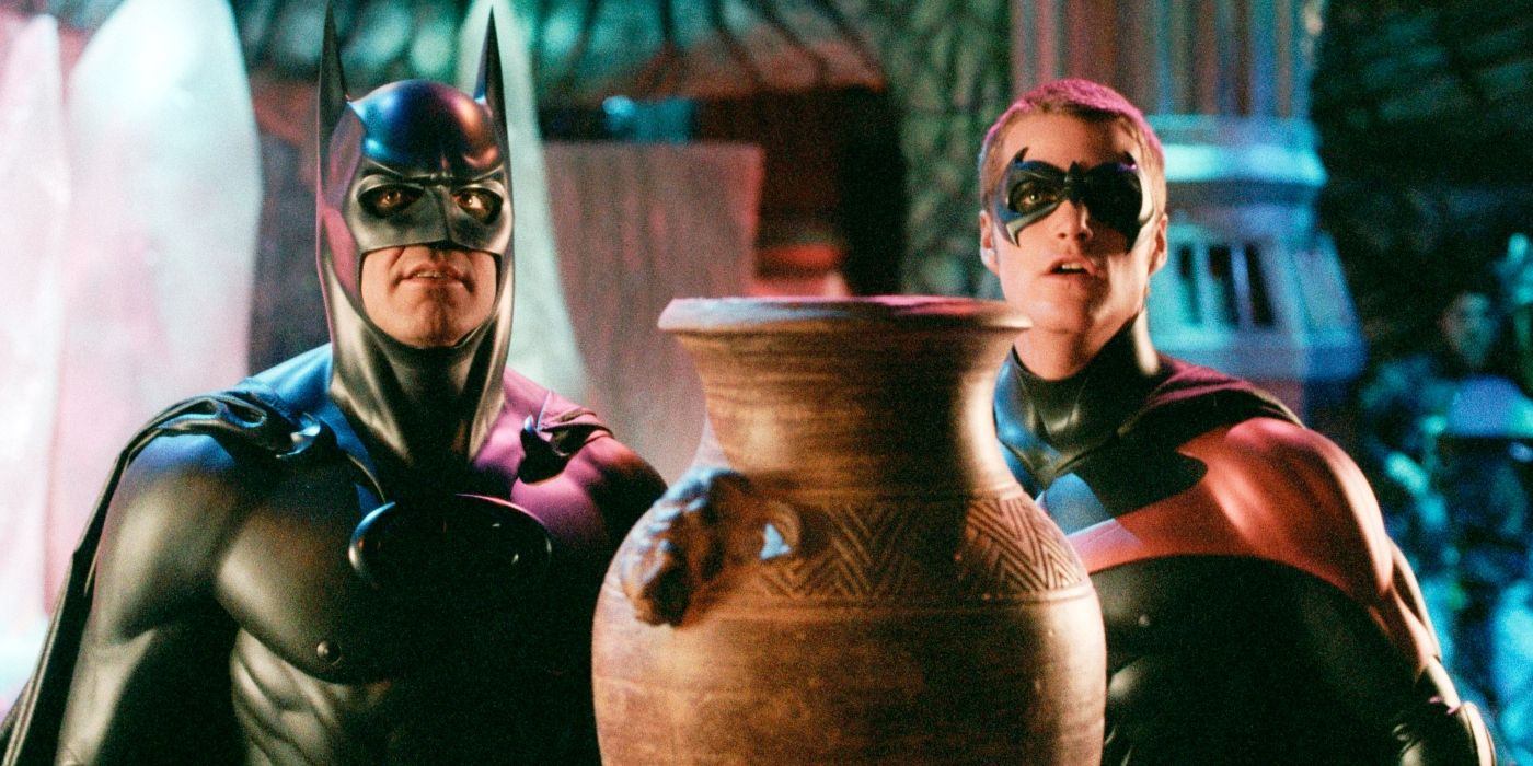 George Clooney as Batman and Chris O'Donnell as Robin looking confused in Batman & Robin