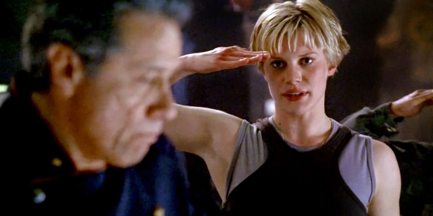 William Adama (Edward James Olmos) and Kara "Starbuck" Thrace (Katee Sackhoff) in 'Battlestar Galactica'