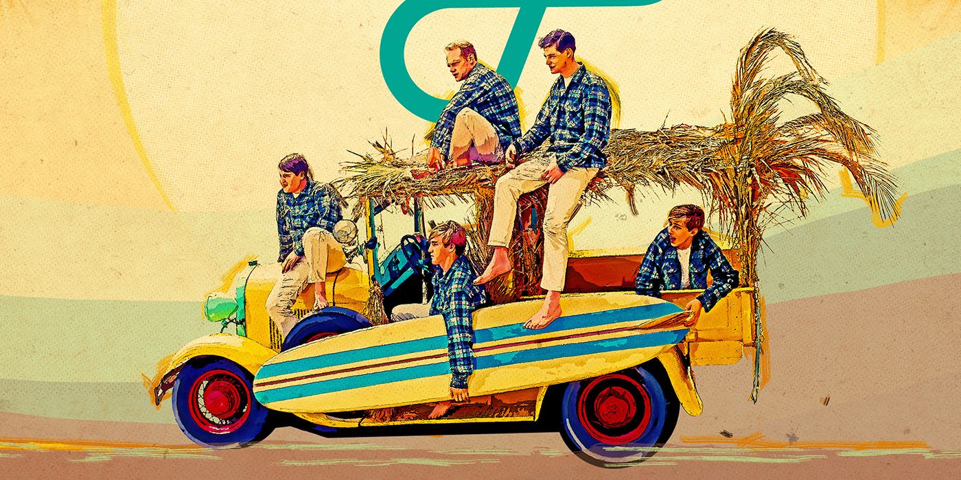 An artistic rendering of The Beach Boys in a car holding a surf board on the poster for their Disney+ Documentary