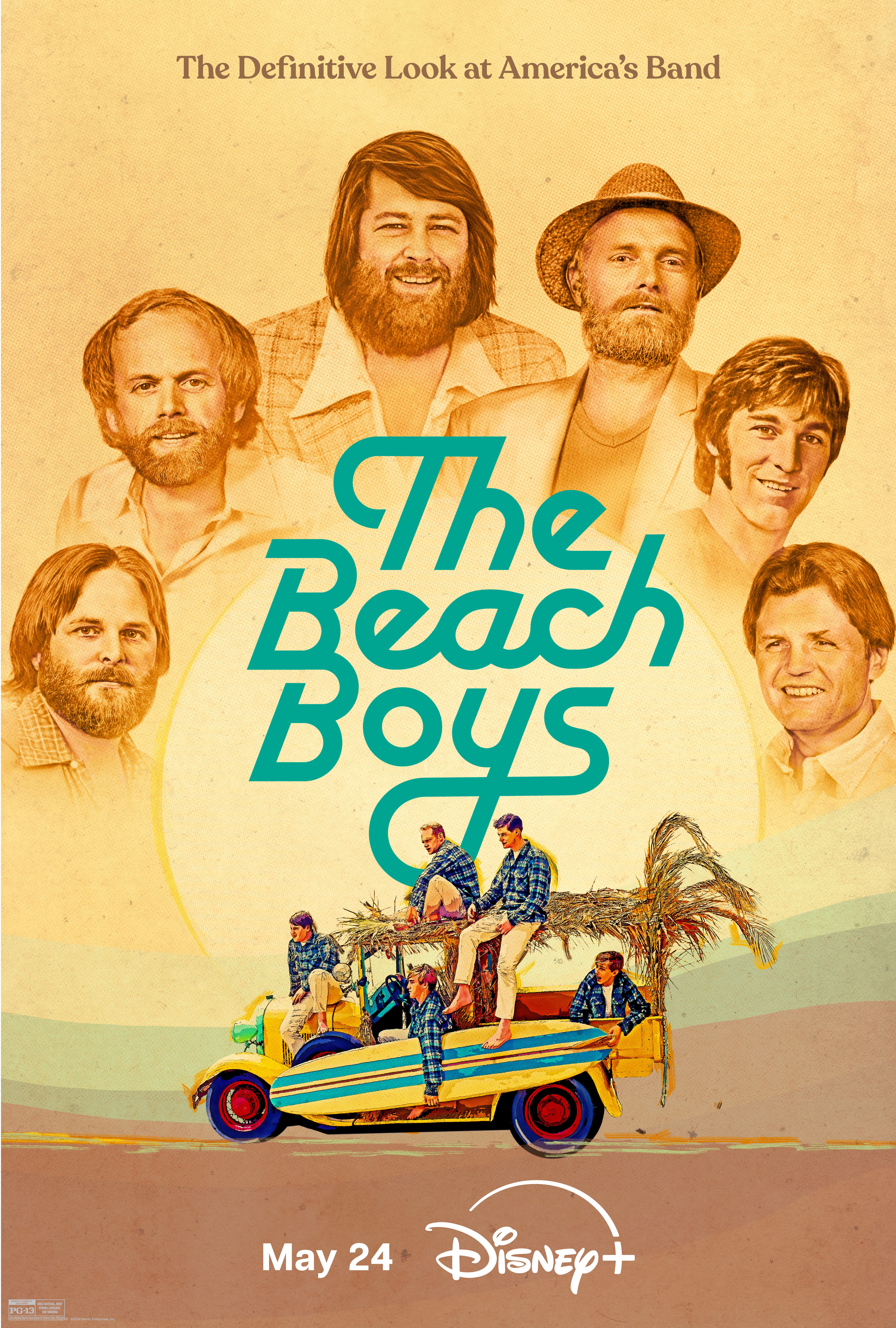 Poster for the documentary The Beach Boys featuring the band in a car heading for the beach and their faces around the sun
