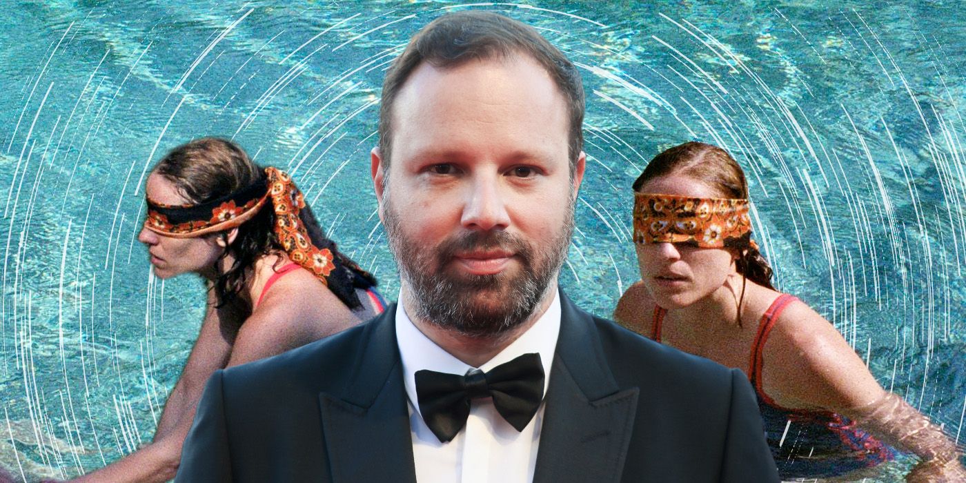 A custom image of Yorgos Lanthimos centered, with a still from Dogtooth in the background