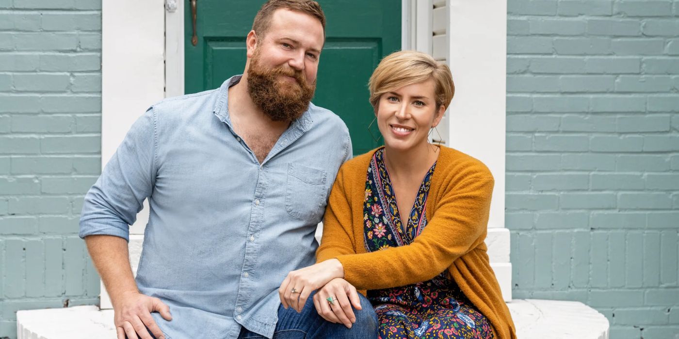 Ben and Erin Napier of Home Town sit on the porch of a house