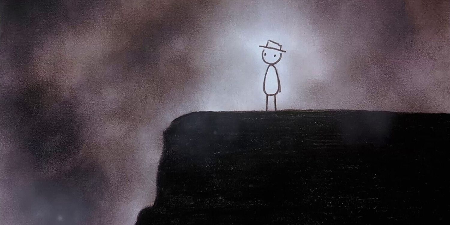 Bill the stick figure with a hat next to a cliff in 'It's Such a Beautiful Day'