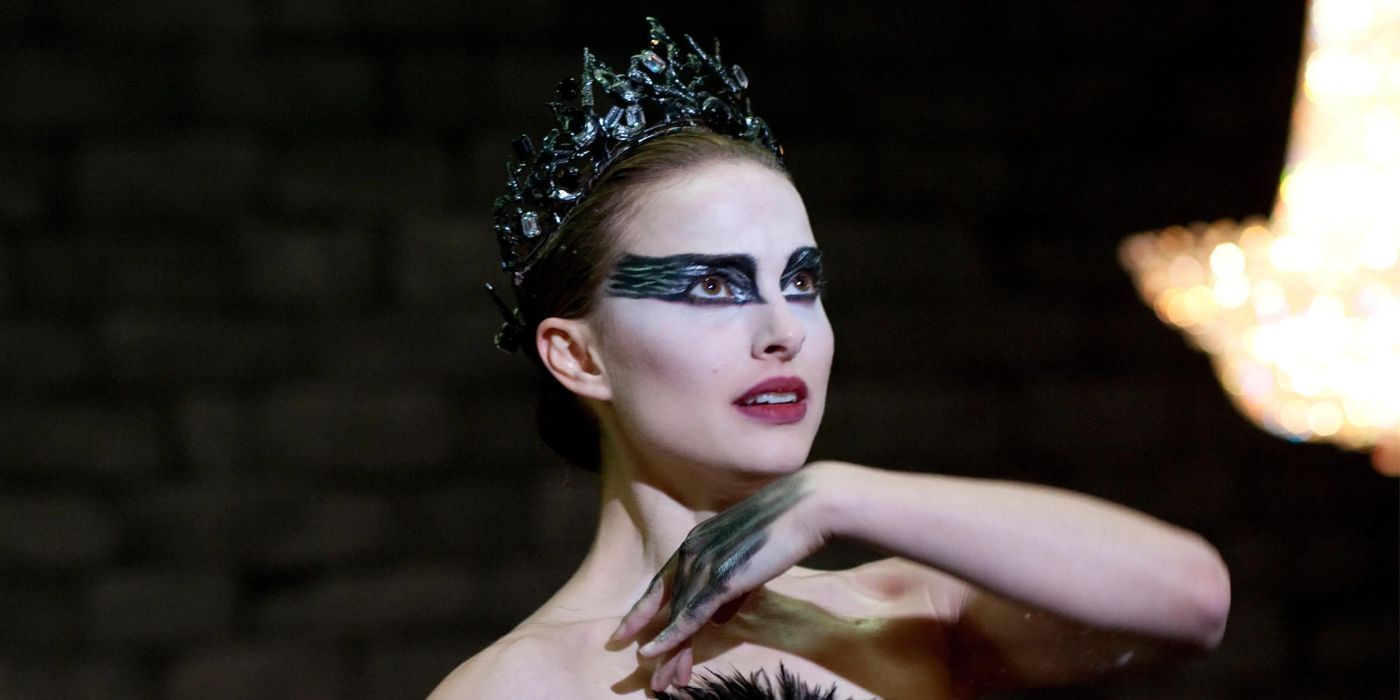A close-up of Nina as the Black Swan dancing in Black Swan