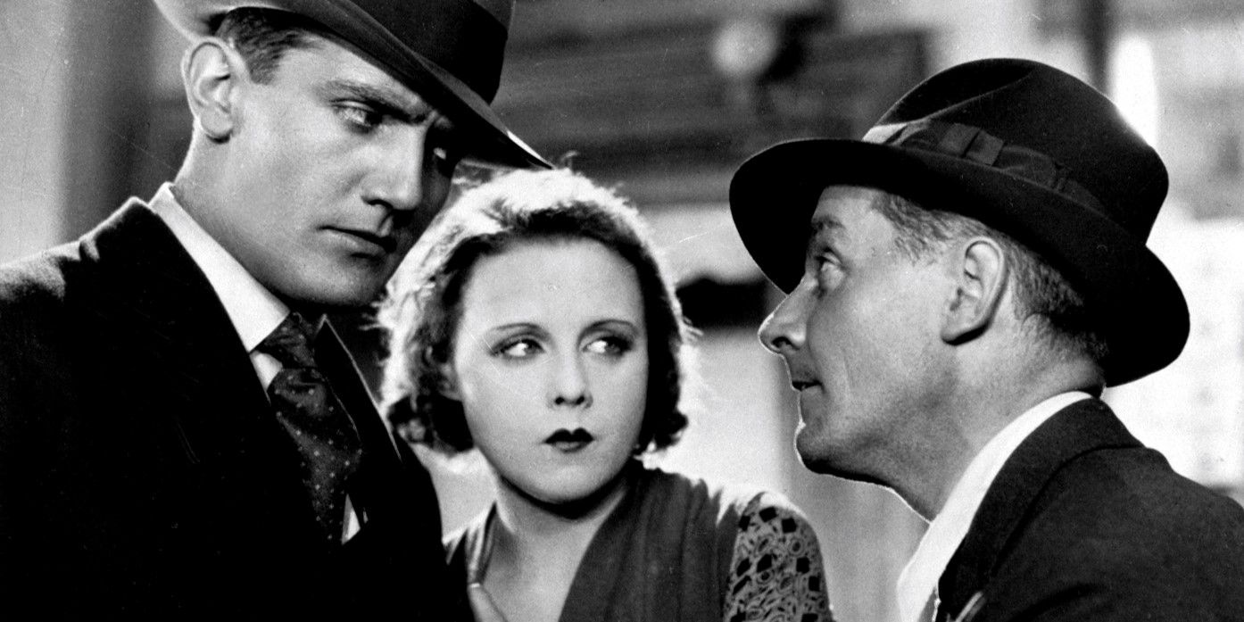 Alice (Anny Ondra) and her boyfriend Frank (John Longden) confront the blackmailer (Donald Calthrop) in Hitchcock's 1929 'Blackmail.'