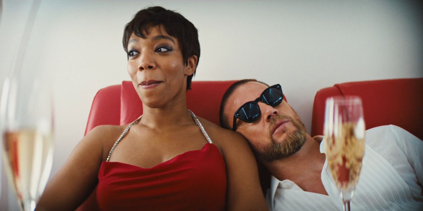 Channing Tatum asleep with sunglasses on Naomi Ackie's shoulder as they fly on a private jet in Blink Twice.