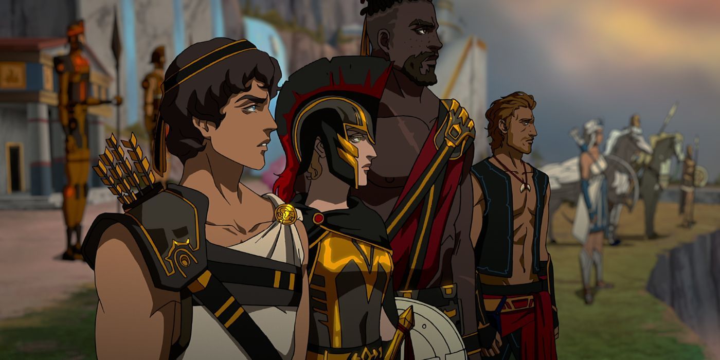 Heron, Alexia, Kofi, and Evios standing beside one another, armed to fight, in Blood of Zeus Season 2.