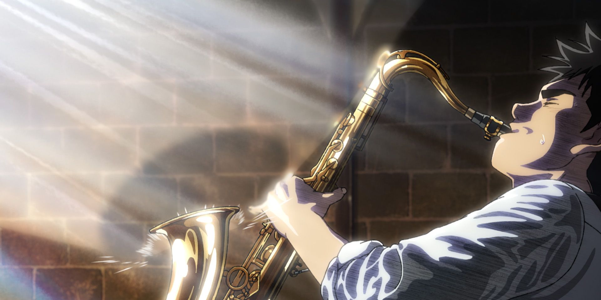 A still from Blue Giant featuring leading band member Dai Miyamoto playing jazz on the saxophone