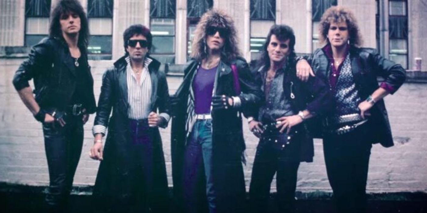 Bon Jovi band members wearing black leather jackets and 80s hairstyles in throwback image in 'Thank You, Goodnight: The Bon Jovi Story' 