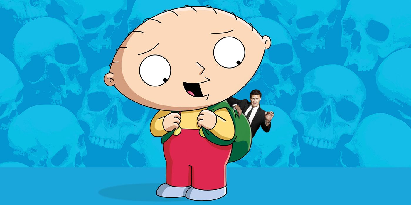 A custom image featuring David Boreanaz from Bones peeking out of Stewie's backpack