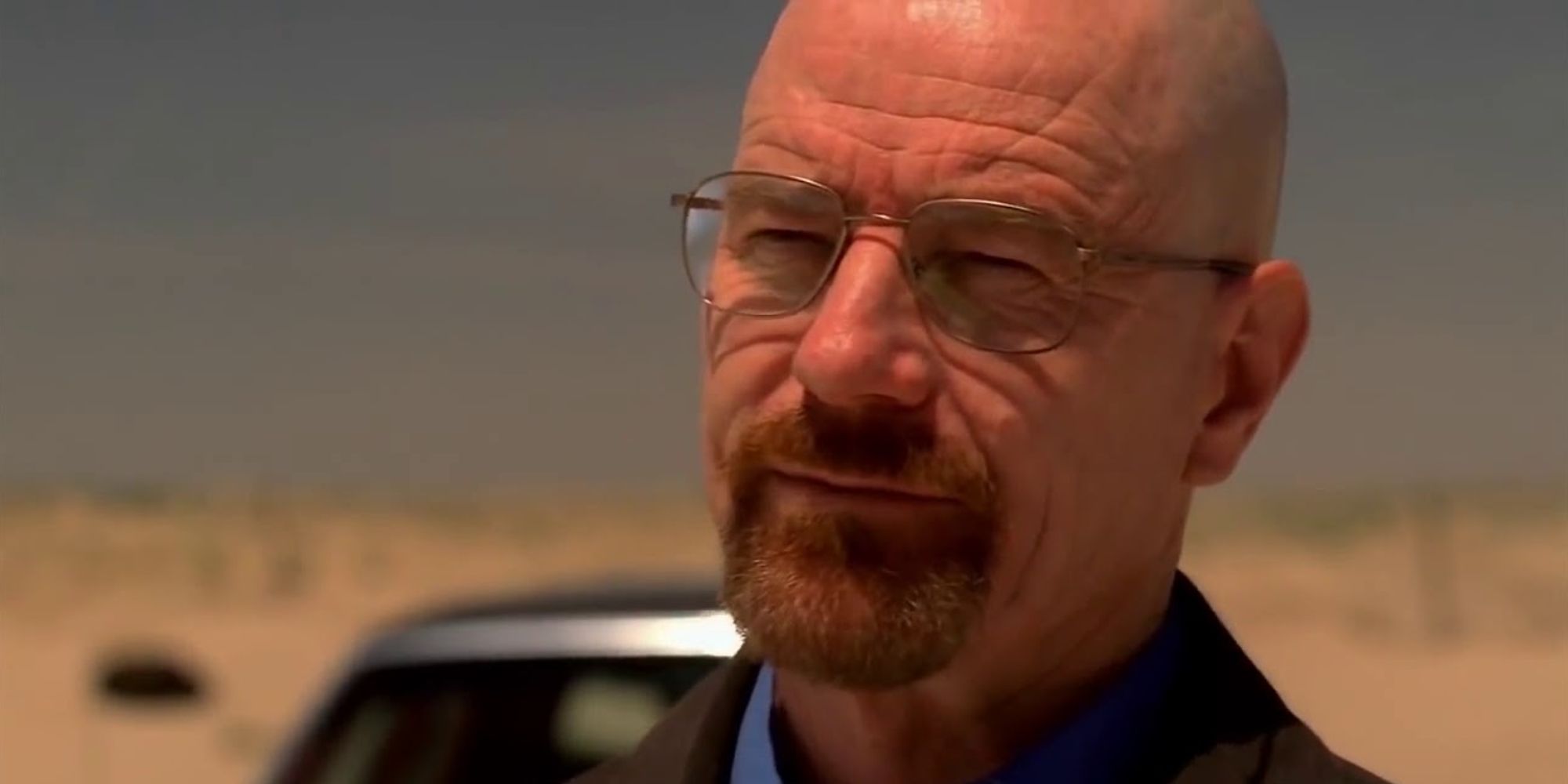 Walter White standing in the desert with a shaved head looking unimpressed in a scene from Breaking Bad