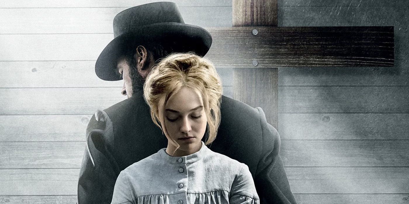Dakota Fanning standing in front of Guy Pearce on a cropped poster of Brimstone