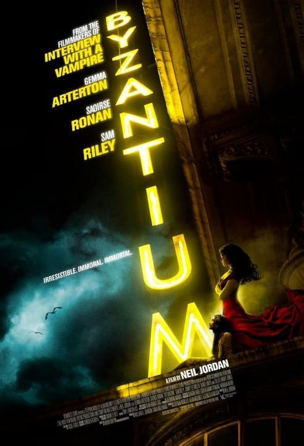 A poster of Byzantium featuring a woman leaning against a wall with a giant neon sign with the movie title in front of her