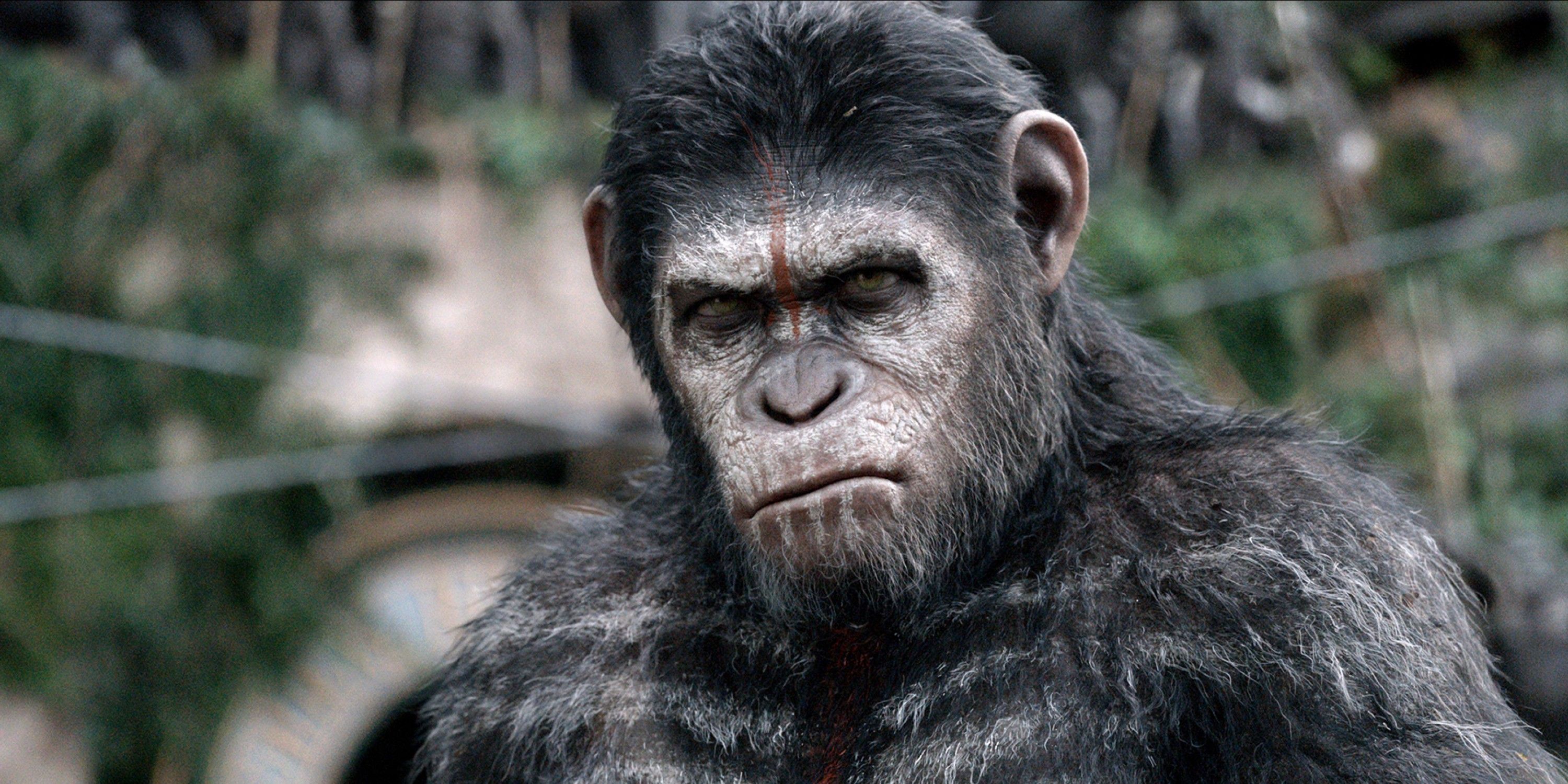 Caesar stands strong, with white and red war paint on his face and chest, in 'Dawn of the Planet of the Apes'