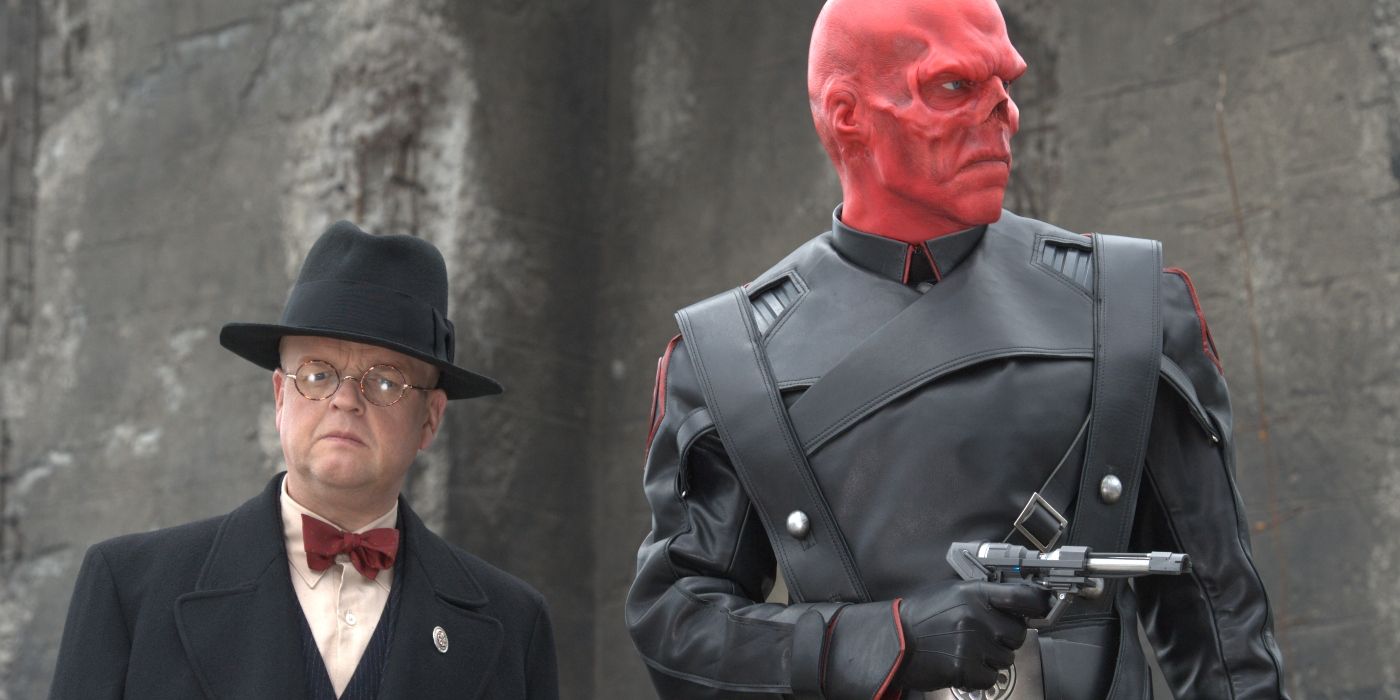 Toby Jones as Arnim Zola and Hugo Weaving as Red Skull in Captain America: The First Avenger