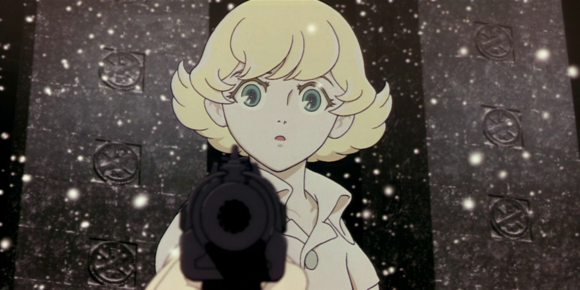 Character from Metropolis aiming a gun at the camera