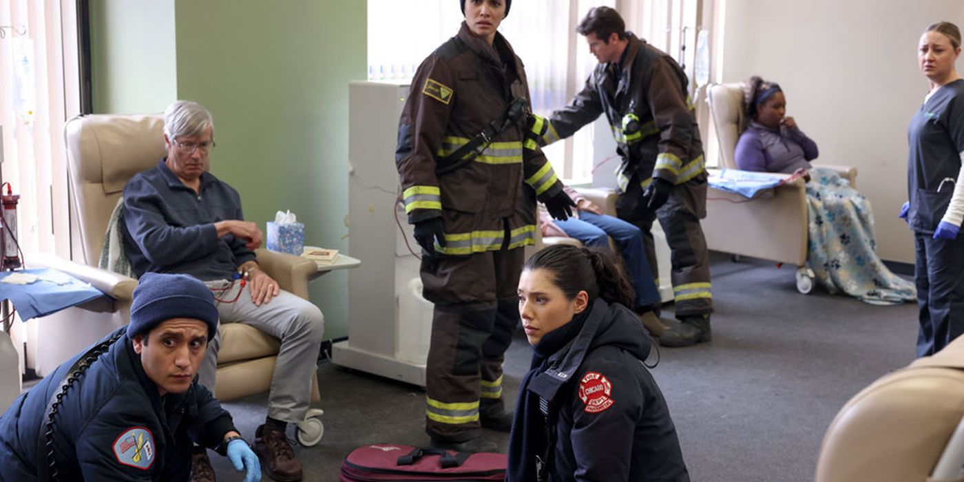 Wesam Keesh as Lennox, Miranda Rae Mayo as Stella Kid, Hanako Greensmith as Violet Mikami, Jake Lockett as Sam Carver in Chicago Fire Season 12, Episode 9 