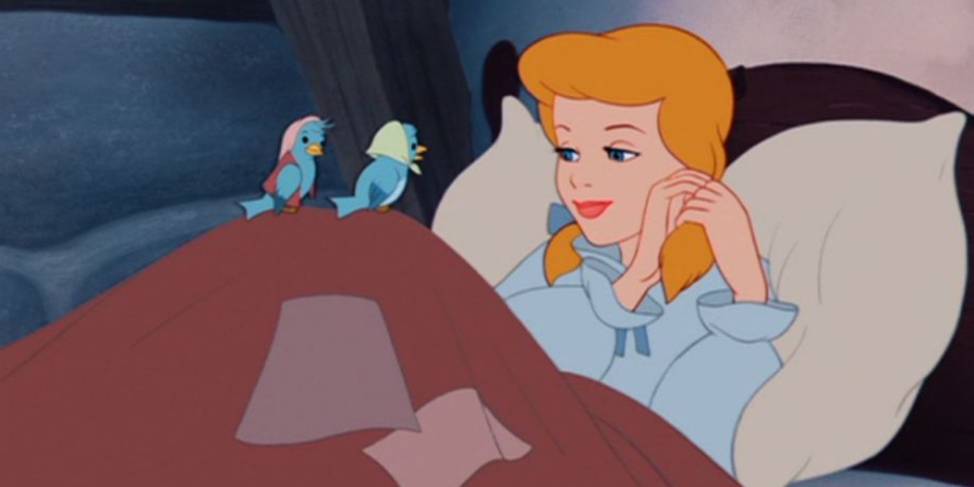 Cinderella in bed with her bird friends