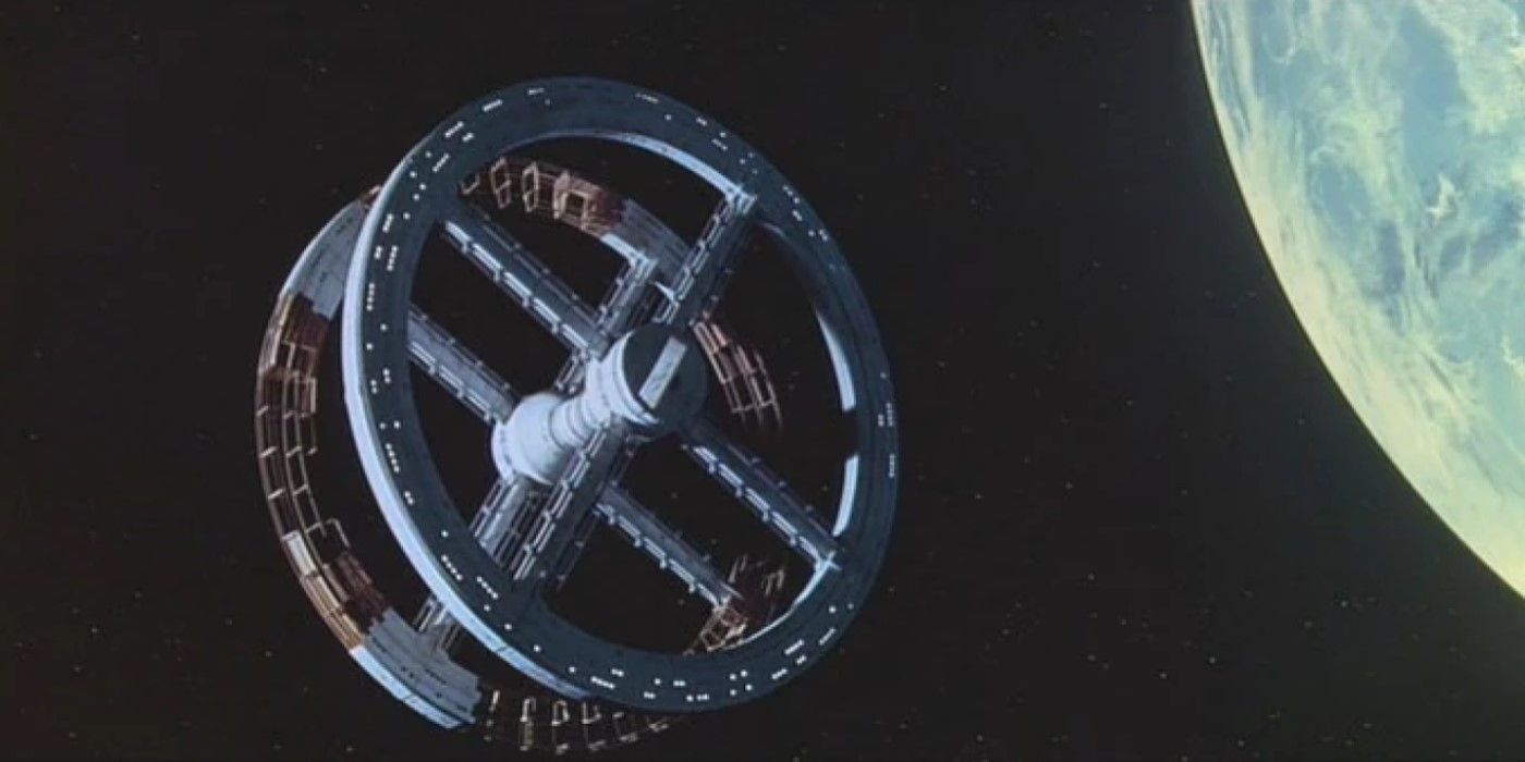 Space Station V, which resembles a four-spoke wheel, orbits above the Earth in &lsquo;2001: A Space Odyssey&rsquo;