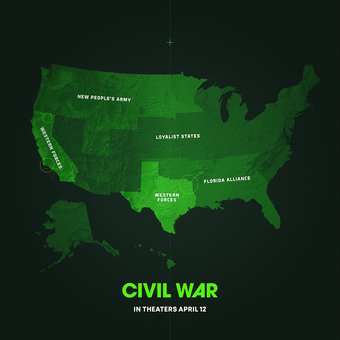 A green poster featuring the US divided into factions for Civil War